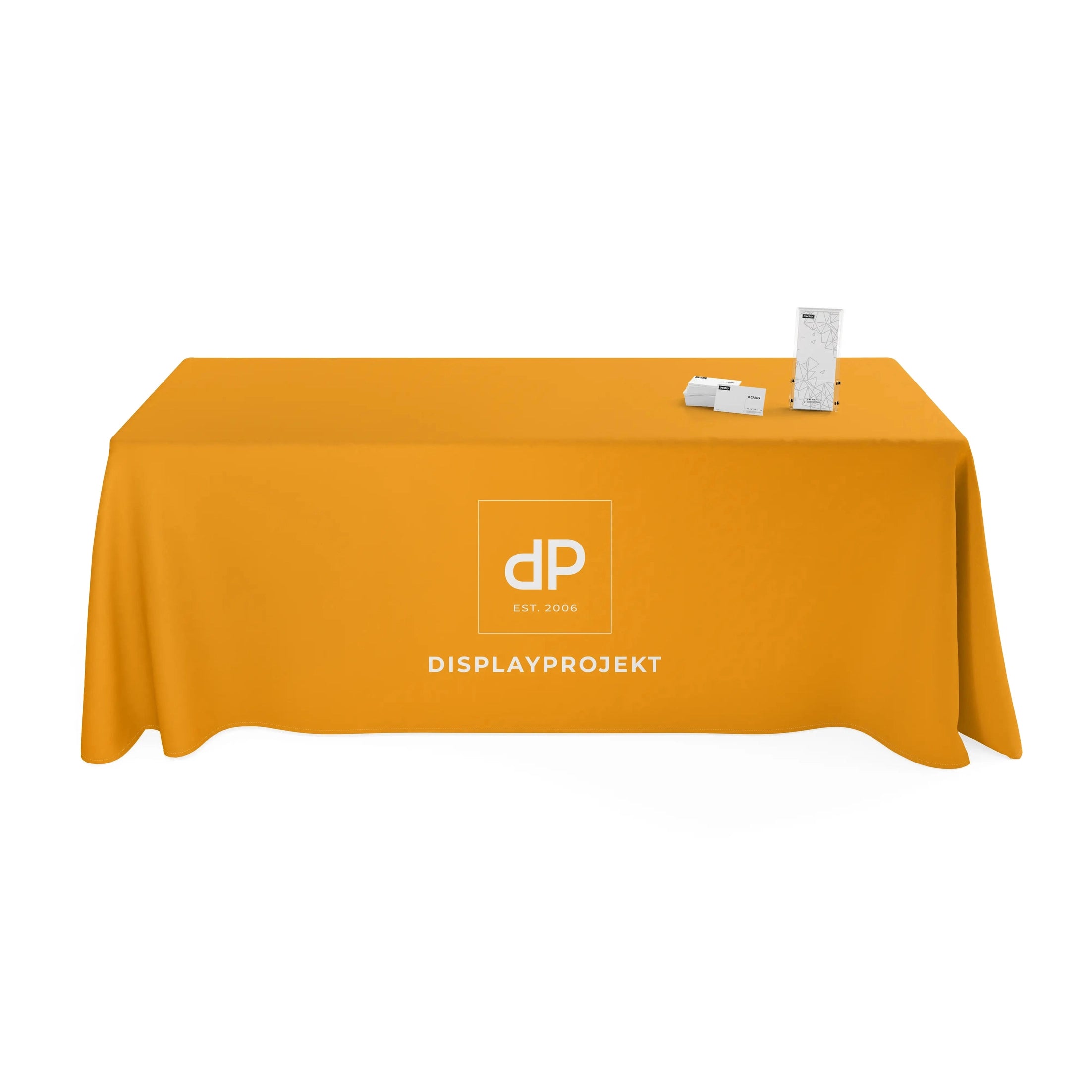 Orange Mässduk med mjuk kant och vit Displayprojekt-logotyp