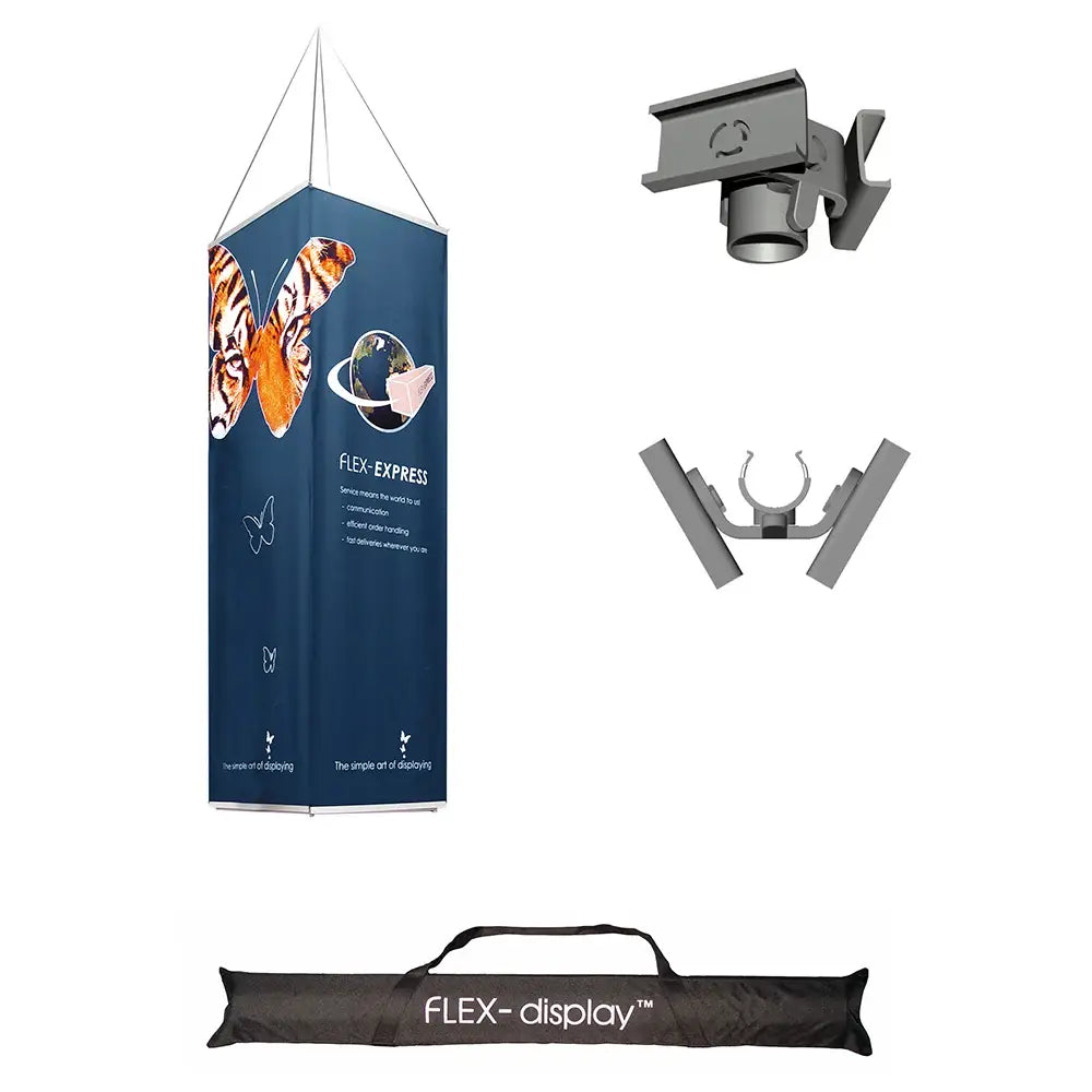 Flex-display Totem Hanging monterad med upphängningssystem, visar delarna samt transportväska